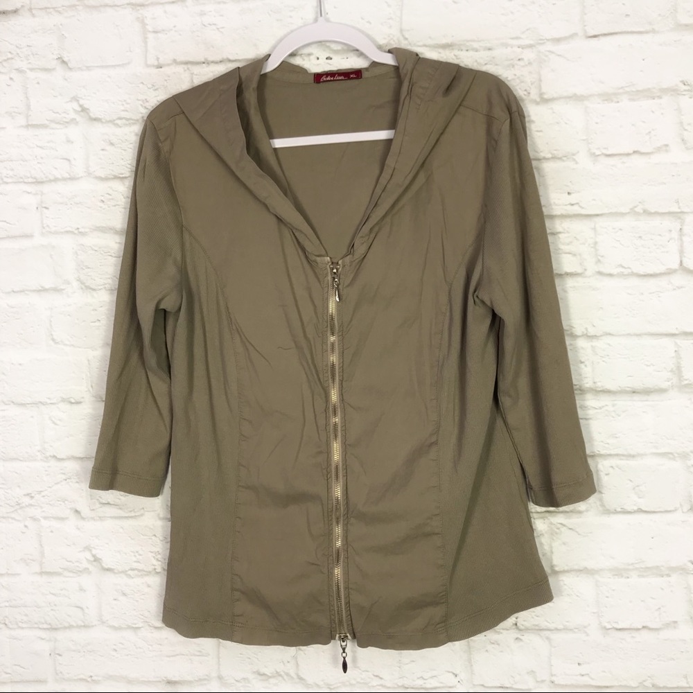 Barbara Lesser ZipUp Taupe Ribbed ShortSleeve Top